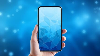 a hand holding smartphone wireframe mesh on blue abstract low polygon background. generative AI