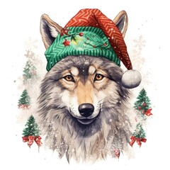 Generative AI, cute wild wolf animal, Christmas hat and ugly sweaters, watercolor style. - obrazy, fototapety, plakaty