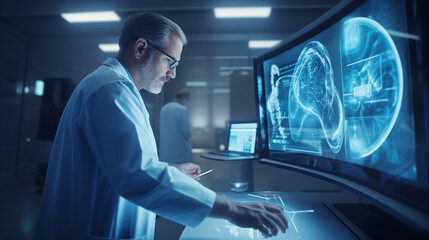 An image showcasing a professional medical setting with a doctor operating an advanced AI-powered colonoscopy system, providing a visual representation of artificial intelligence - obrazy, fototapety, plakaty