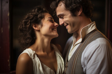 Naklejka premium Flirtatious Bliss: Portrait of a Happy Couple Engaged in Playful Flirting