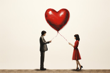 cartoon couple holding red floating hear shape balloon on isolated background valentine illustration 