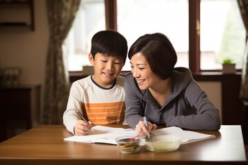 Mom helps her son do homework sitting at table writing in notebook right answer. Boy asks mother to help with homework at table with laptop. Asian mom helps son with homework.