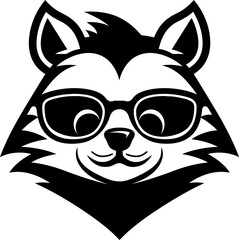 Raccoon with cool sun glasses silhouette in black color. Vector template.