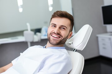 Close-up photo of a young smiling man sitting in a chair in a dental office. He is waiting for the dentist for an oral procedure. Teeth whitening concept.