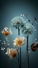 Beautiful bouquet of dried flowers on a blue background. Unique winter subject photography in warm and cold colors in a winter minimalist and aesthetic style. Generation Ai