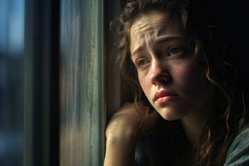 lonely girl looking at the rain falling through a window at home. copy space
