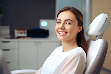 Cheerful young woman sitting in a chair in a dental office. She is waiting for the dentist for an oral procedure. Teeth whitening concept.