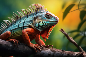 Nature's Palette: Iguana in Full Color Splendor Resting on a Tree Branch
