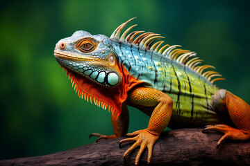 Fototapeta premium Nature's Palette: Iguana in Full Color Splendor Resting on a Tree Branch
