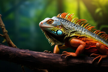 Fototapeta premium Vibrant Reptilian Elegance: Portrait of a Colorful Iguana Perched on a Branch