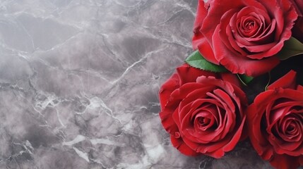 Red roses lie on a textured spotted marble background. A sign of condolence, sympathy for the loss. Space for your text.