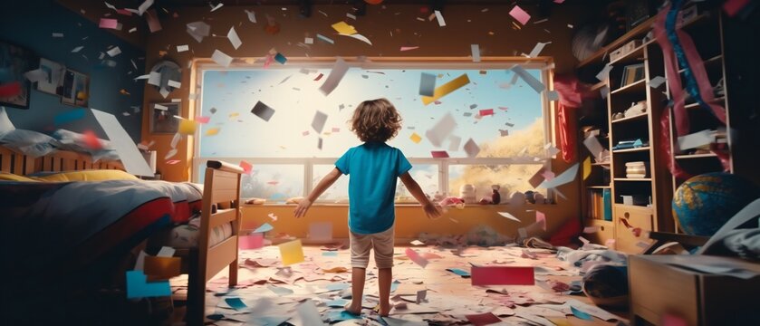 a child toddler wreaks havoc in messy room. Young boy making a huge mess in a kids room.