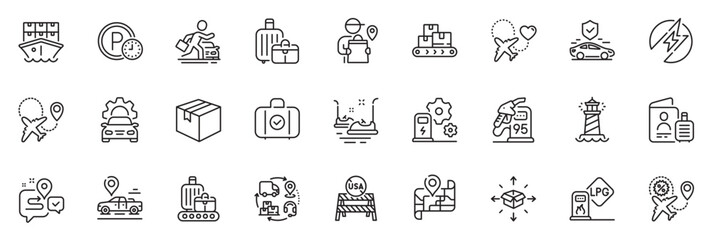 Icons pack as Car place, Carry-on baggage and Car service line icons for app include Parking time, Supply chain, Map outline thin icon web set. Gas station, Parcel delivery. Vector