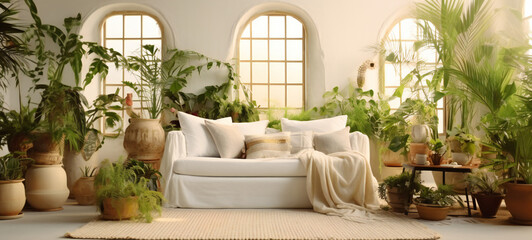 Interior of light living room. Luxurious room with big windows, lots of plants, white sofa