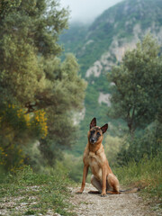 A poised Malinois surveys the valley. Seated on a mountain path, the dog gazes into the distance, a...