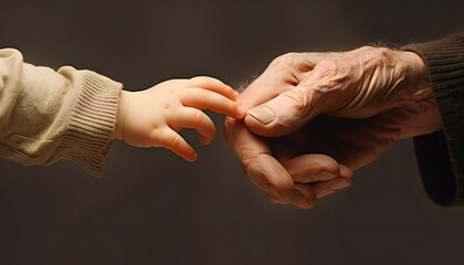 Hands of the old man and a child's hand on the brown background