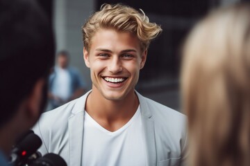 handsome young blonde man smiling at camera during interview - obrazy, fototapety, plakaty