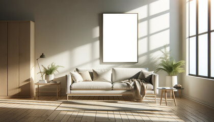 Contemporary living room with clean lines and a neutral palette, highlighted by a mockup poster. Generative AI