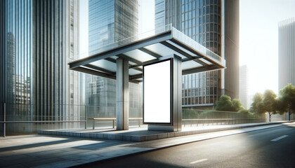 Contemporary bus stop billboard mockup with glass shelter in an urban setting. Advertising concept. Generative AI