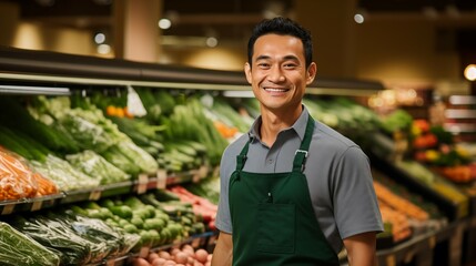 Cheerful Eastern European grocery store manager or food store assistant vegetable and fruit retailer wearing dark green apron with colorful vegetables on the background - obrazy, fototapety, plakaty