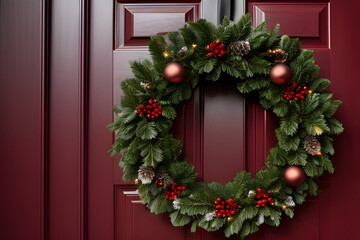 Fototapeta na wymiar Showing a beautiful Christmas wreath hanging on a front door