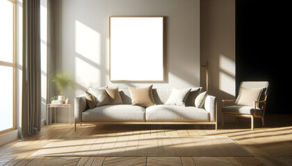 Minimalist living room with sofa and armchair, morning light and shadow play. Serenity concept. Generative AI