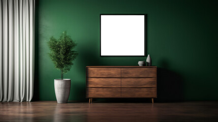 Elegant green interior with a wooden chest and framed poster, complemented by lush drapery. Generative AI