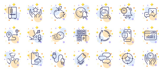 Outline set of Smile, Parking place and Ranking line icons for web app. Include Smartphone broken, Microphone, Search file pictogram icons. Smartphone cloud, Alarm bell, Talk bubble signs. Vector