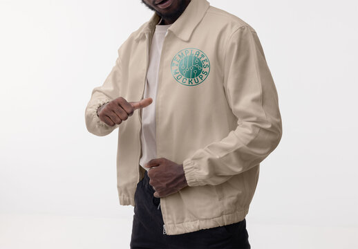 Mockup of man wearing customizable zipper jacket with thumb up