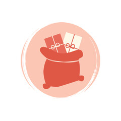 Cute hand drawn christmas red santa claus gif bag icon vector, illustration on pink circle with brush texture, for social media story and highlights