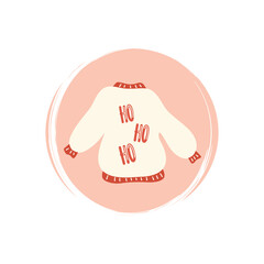 Cute hand drawn christmas red and white sweater icon vector, illustration on pink circle with brush texture, for social media story and highlights