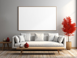 Minimalist living room with white sofa and red accent decor. Modern interior mockup. Generative AI