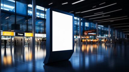 Illuminated airport hall with futuristic blue light and information desk mockup. Travel and technology concept. Generative AI - obrazy, fototapety, plakaty