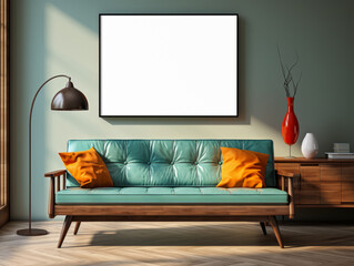 Chic living room mockup with teal sofa, vibrant accents, and wooden furniture. Warm ambiance. Generative AI