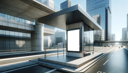 Urban bus stop with blank advertising billboard in a modern cityscape setting. Marketing concept. Generative AI