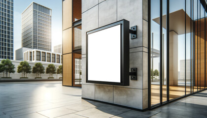 Wall-mounted billboard mockup on a sunny day in a business district. Outdoor advertising concept. Generative AI