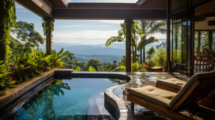Infinity pool with lush mountain backdrop in a serene tropical setting. Wellness retreat and travel concept. Generative AI