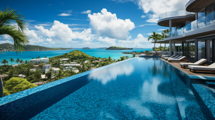 Elegant infinity pool with stunning sea panorama and hill views on a sunny day. Luxury travel concept. Generative AI