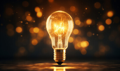 Glowing Incandescent Bulb on Dark Background with Golden Bokeh