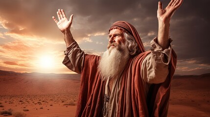 Old prophet in robe with beard prays smiling with widely spread arms raised to sky standing on hill by lake. Old happy prophet prays to God for good harvest on top of mountain near reservoir