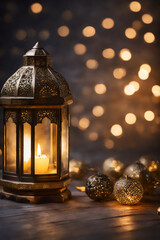 Arabic candle lantern with glowing light.