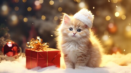A kitten wearing a santa hat sitting next to a christmas present - obrazy, fototapety, plakaty