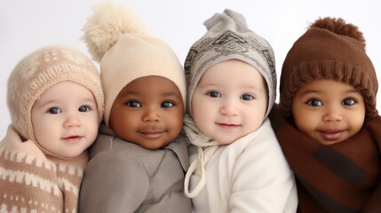 A group of three babies wearing hats and scarves