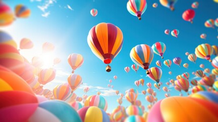 A bunch of colorful hot air balloons flying in the sky - obrazy, fototapety, plakaty