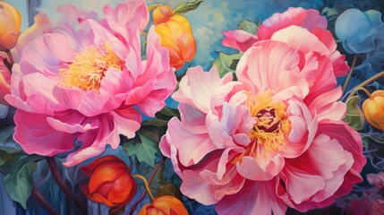 A painting of pink and orange flowers on a blue background
