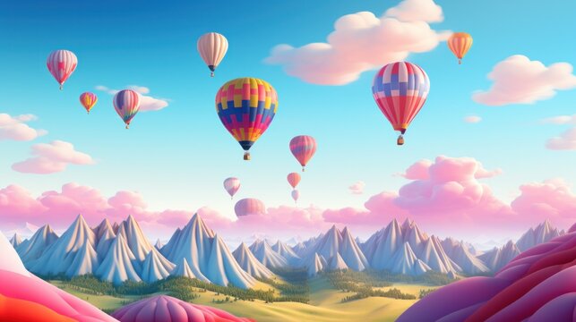 A group of hot air balloons flying over a mountain