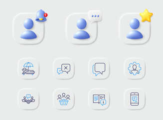 Reject, Buyers and Teamwork line icons. Placeholder with 3d star, reminder bell, chat. Pack of Manual, Message, Sunbed icon. Professional, Talk bubble pictogram. For web app, printing. Vector