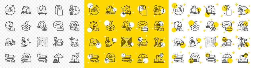 Furniture move, rent space and adhesive tape set. Moving service line icons. Package delivery, relocation service and carrying man line icons. Move parcel, delivery truck and maze labyrinth. Vector
