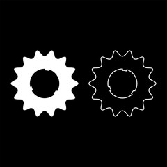 Cogset sprocket bicycle star gear service sprocket cogs wheel with teeth engages with chain set icon white color vector illustration image solid fill outline contour line thin flat style