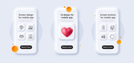 Puzzle, Timer and Covid test line icons pack. 3d phone mockups with heart. Glass smartphone screen. Molybdenum mineral, Safe water, Exhaust web icon. Battery charging, Gluten free pictogram. Vector